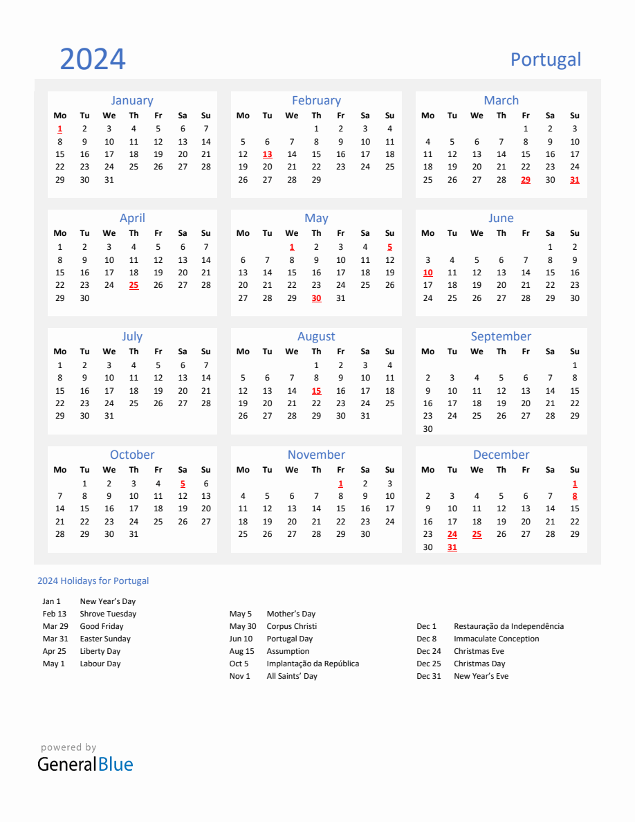 Basic Yearly Calendar with Holidays in Portugal for 2024