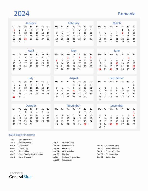Basic Yearly Calendar with Holidays in Romania for 2024 