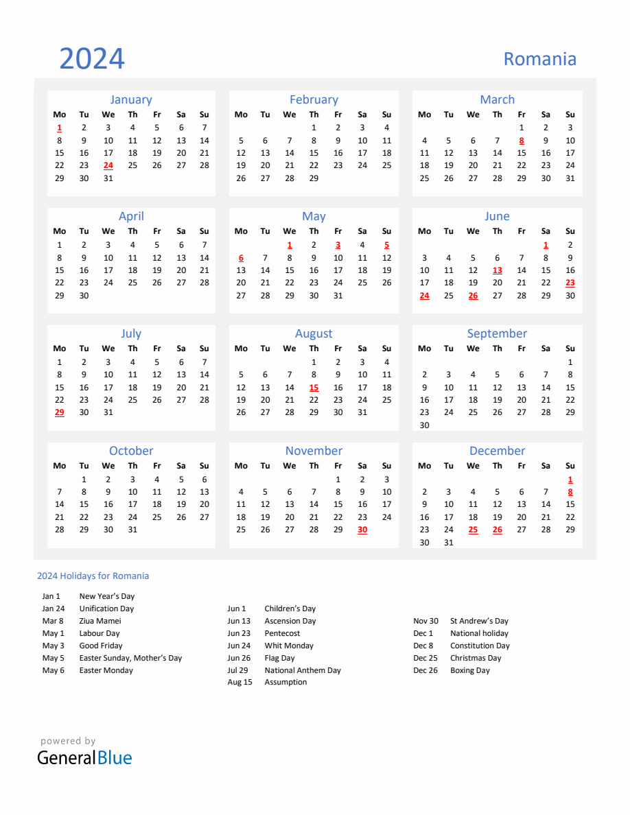 Basic Yearly Calendar with Holidays in Romania for 2024