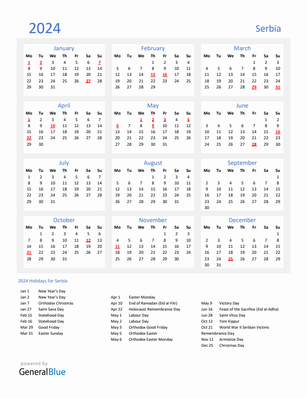 Basic Yearly Calendar with Holidays in Serbia for 2024 