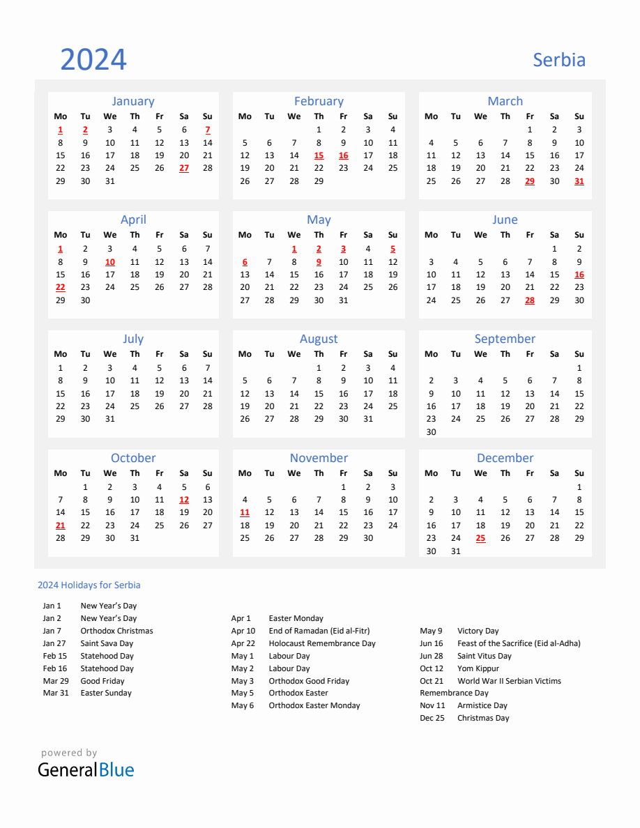 Basic Yearly Calendar with Holidays in Serbia for 2024