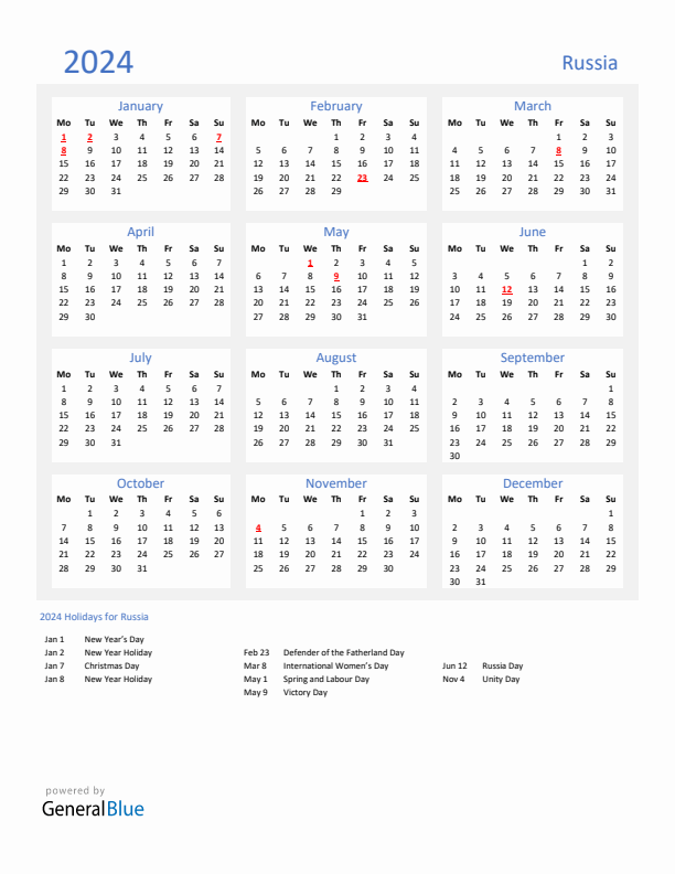 Basic Yearly Calendar with Holidays in Russia for 2024 