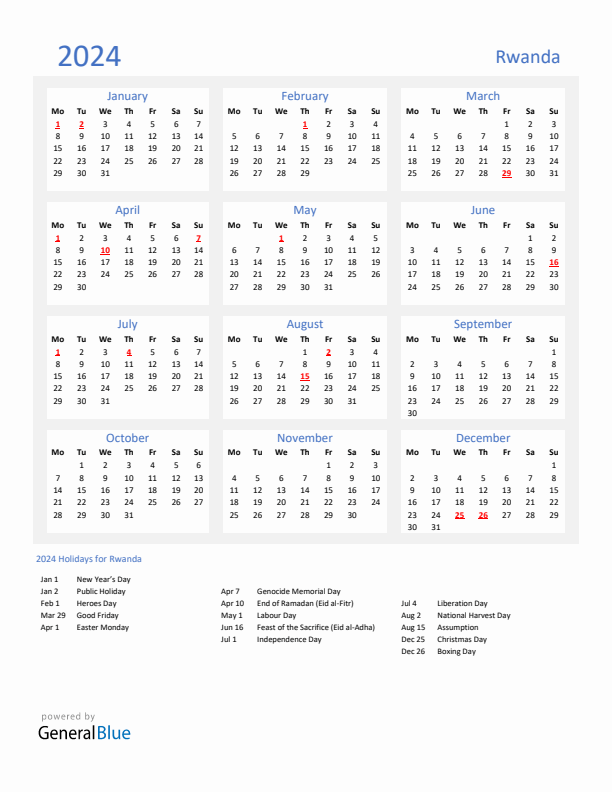Basic Yearly Calendar with Holidays in Rwanda for 2024 