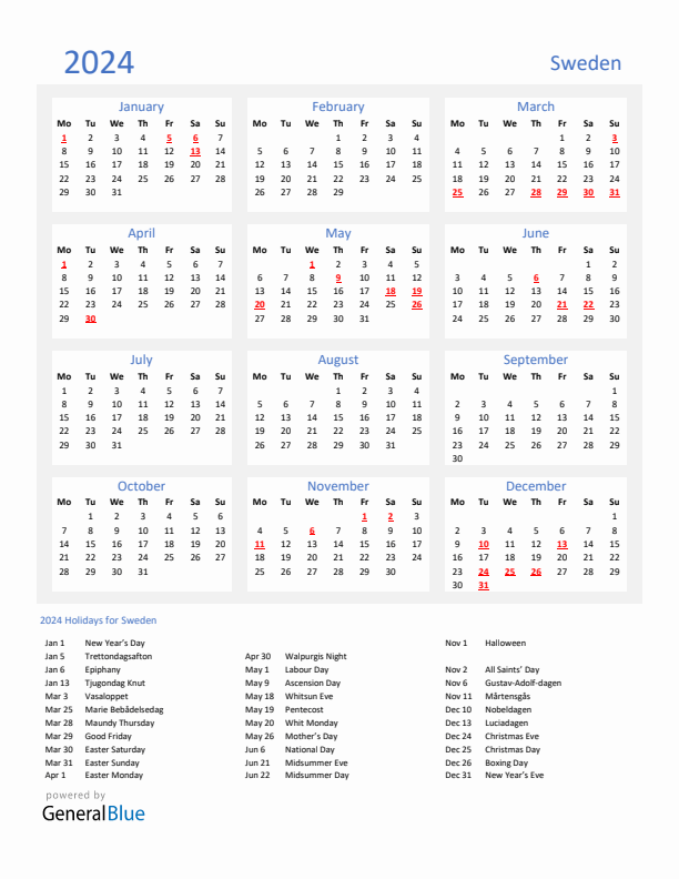 Basic Yearly Calendar with Holidays in Sweden for 2024 