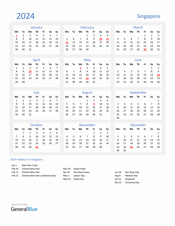 Basic Yearly Calendar with Holidays in Singapore for 2024 