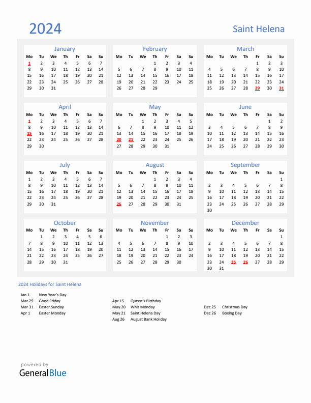 Basic Yearly Calendar with Holidays in Saint Helena for 2024 