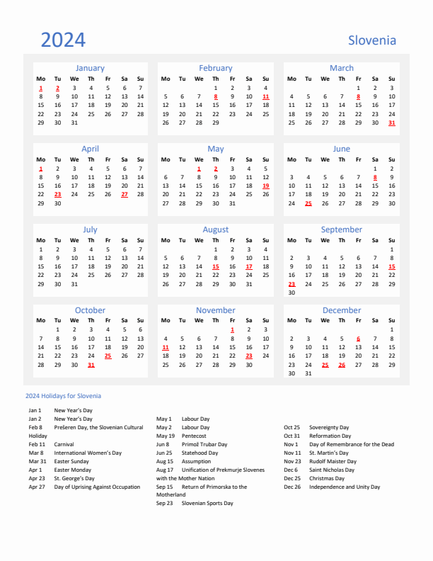 Basic Yearly Calendar with Holidays in Slovenia for 2024 
