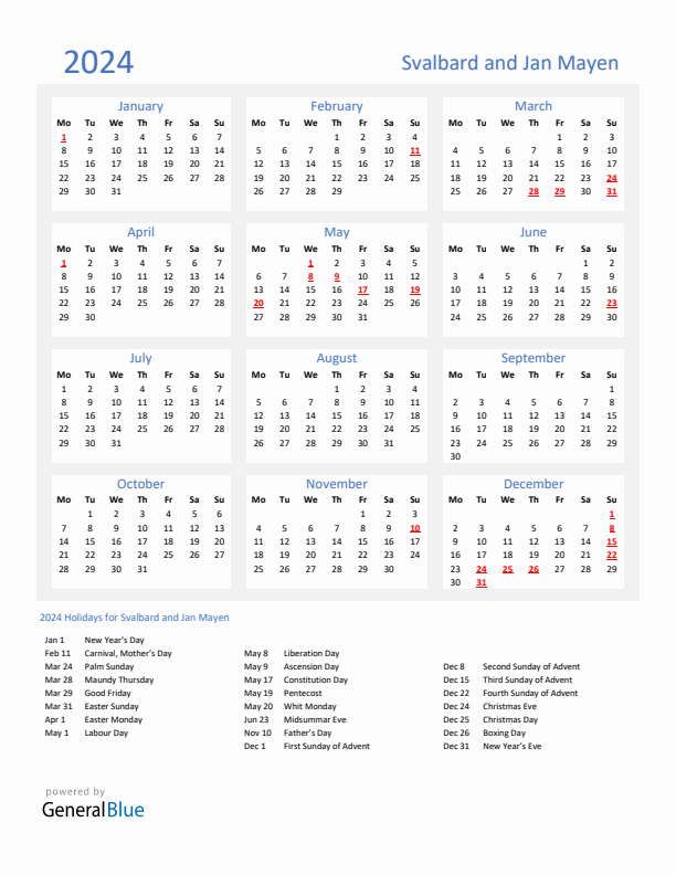 Basic Yearly Calendar with Holidays in Svalbard and Jan Mayen for 2024 