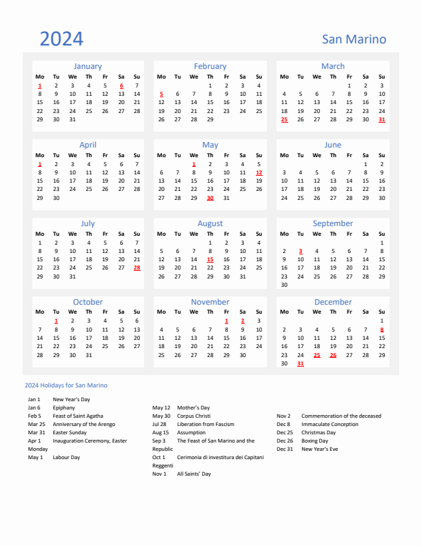 Basic Yearly Calendar with Holidays in San Marino for 2024 