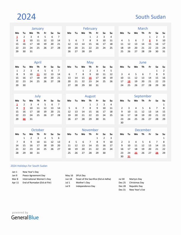 Basic Yearly Calendar with Holidays in South Sudan for 2024 