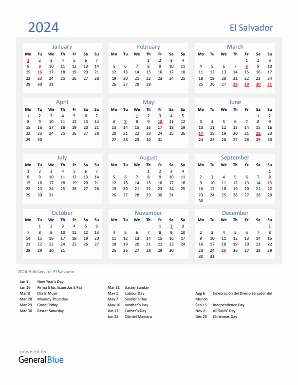 Basic Yearly Calendar with Holidays in El Salvador for 2024 