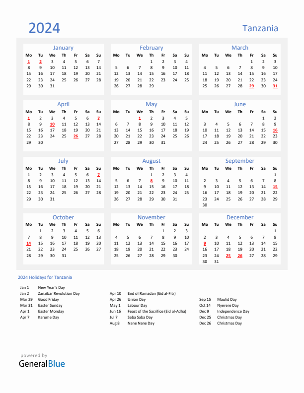 Basic Yearly Calendar with Holidays in Tanzania for 2024 