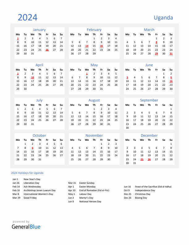Basic Yearly Calendar with Holidays in Uganda for 2024 
