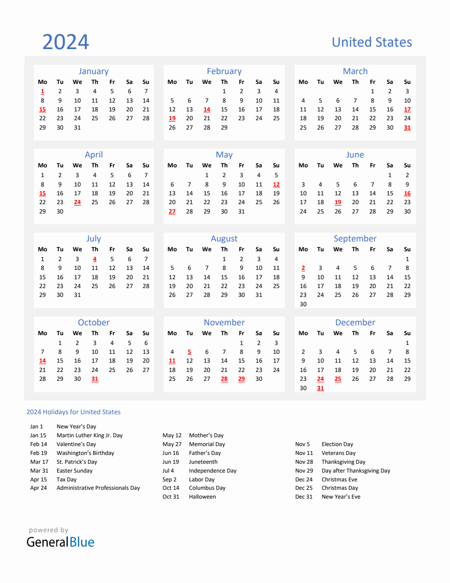 Basic Yearly Calendar with Holidays in United States for 2024