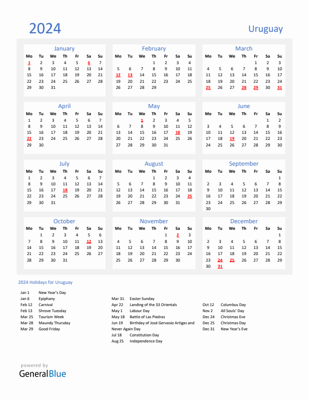 Basic Yearly Calendar with Holidays in Uruguay for 2024 