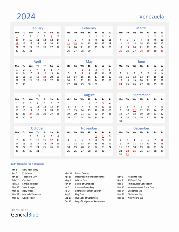 Basic Yearly Calendar with Holidays in Venezuela for 2024 