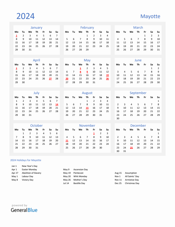 Basic Yearly Calendar with Holidays in Mayotte for 2024 