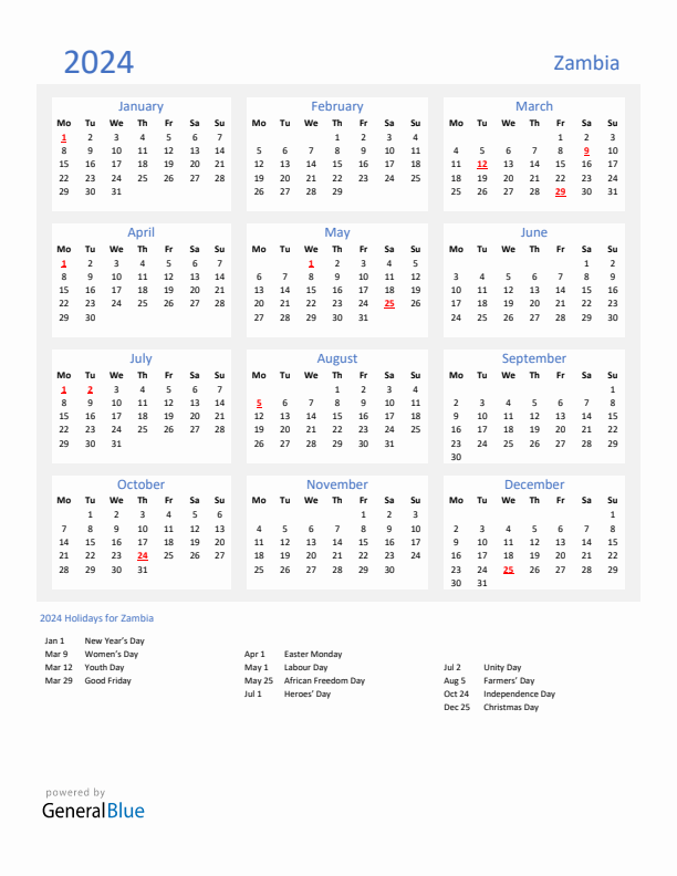 Basic Yearly Calendar with Holidays in Zambia for 2024 