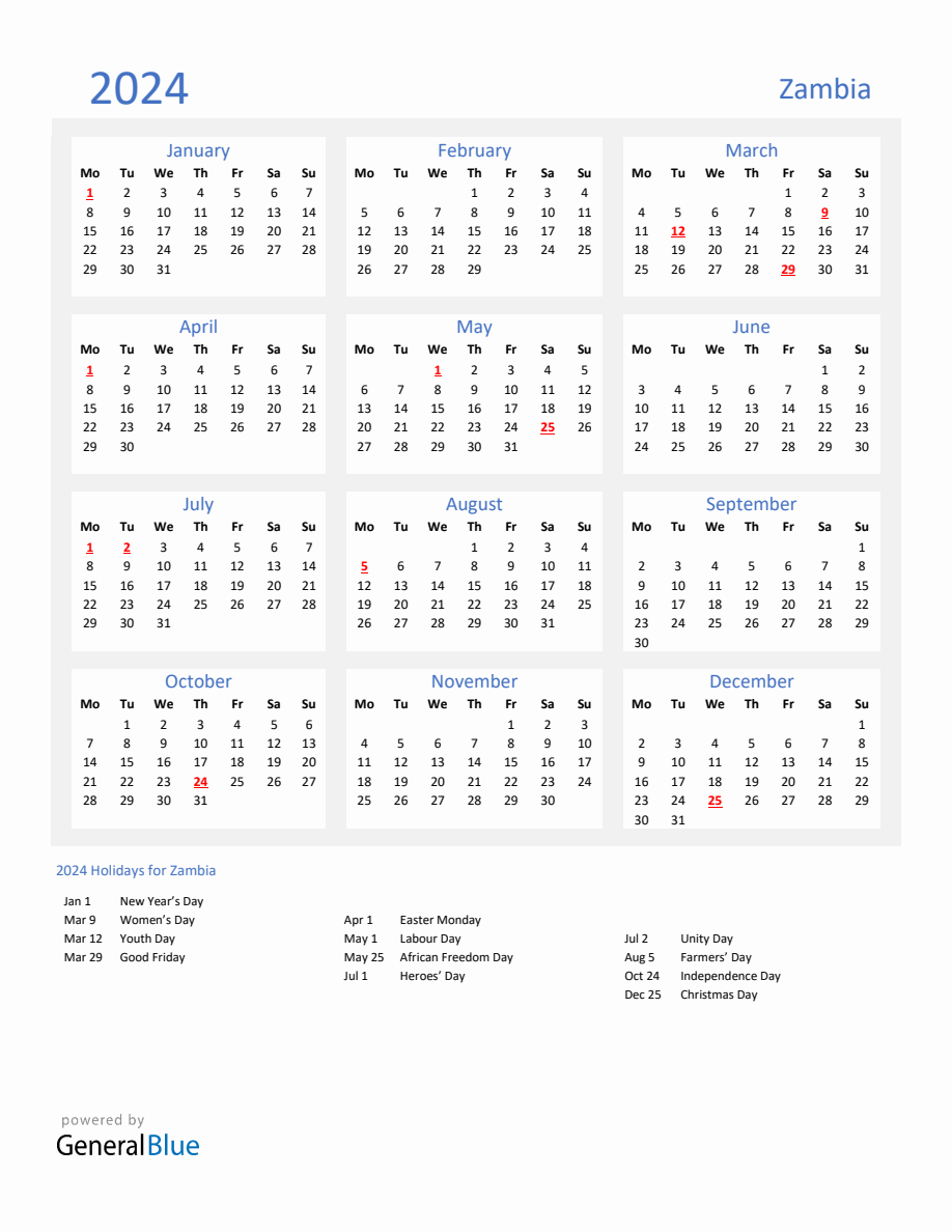 Basic Yearly Calendar with Holidays in Zambia for 2024