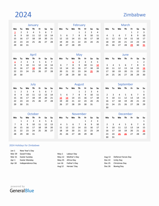 Basic Yearly Calendar with Holidays in Zimbabwe for 2024 