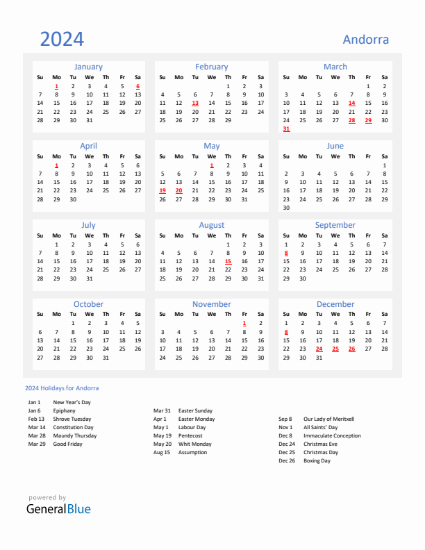 Basic Yearly Calendar with Holidays in Andorra for 2024