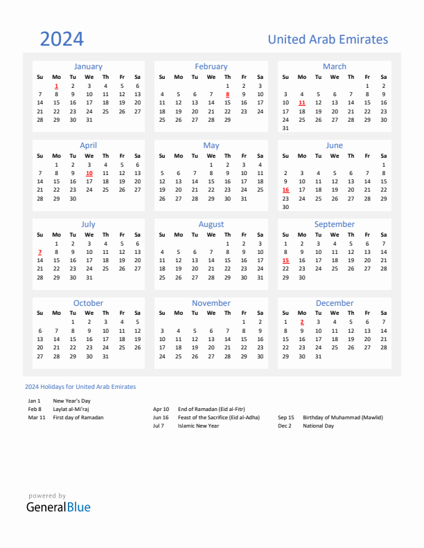 Basic Yearly Calendar with Holidays in United Arab Emirates for 2024 