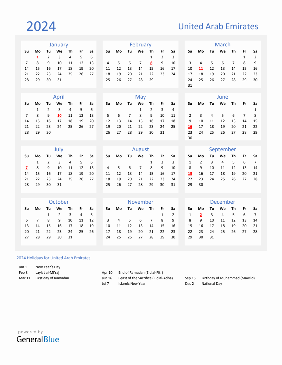 Basic Yearly Calendar with Holidays in United Arab Emirates for 2024