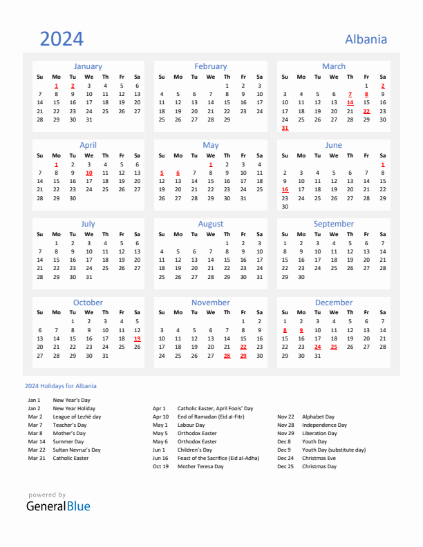Basic Yearly Calendar with Holidays in Albania for 2024 
