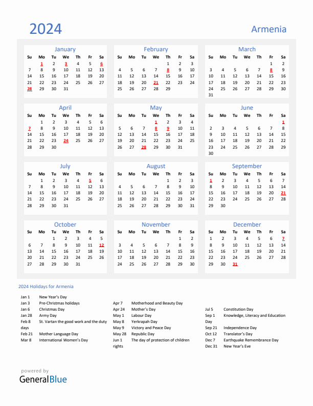 Basic Yearly Calendar with Holidays in Armenia for 2024 