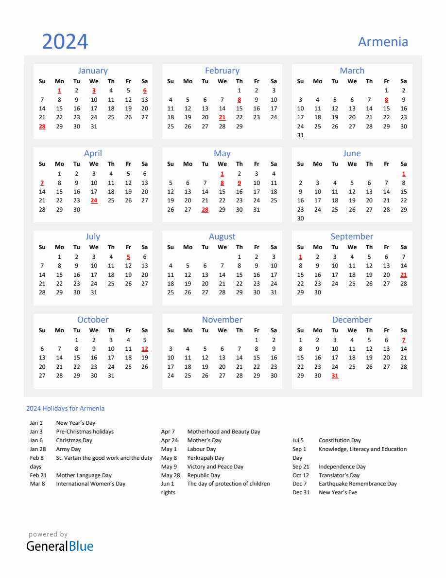 Basic Yearly Calendar with Holidays in Armenia for 2024