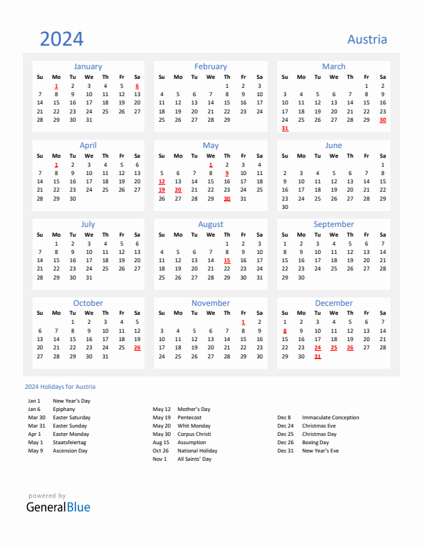 Basic Yearly Calendar with Holidays in Austria for 2024 