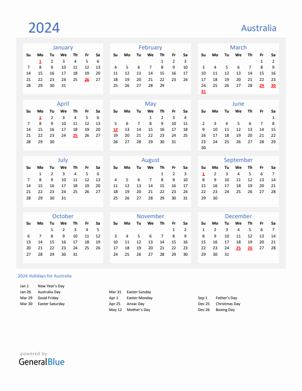 Basic Yearly Calendar with Holidays in Australia for 2024 