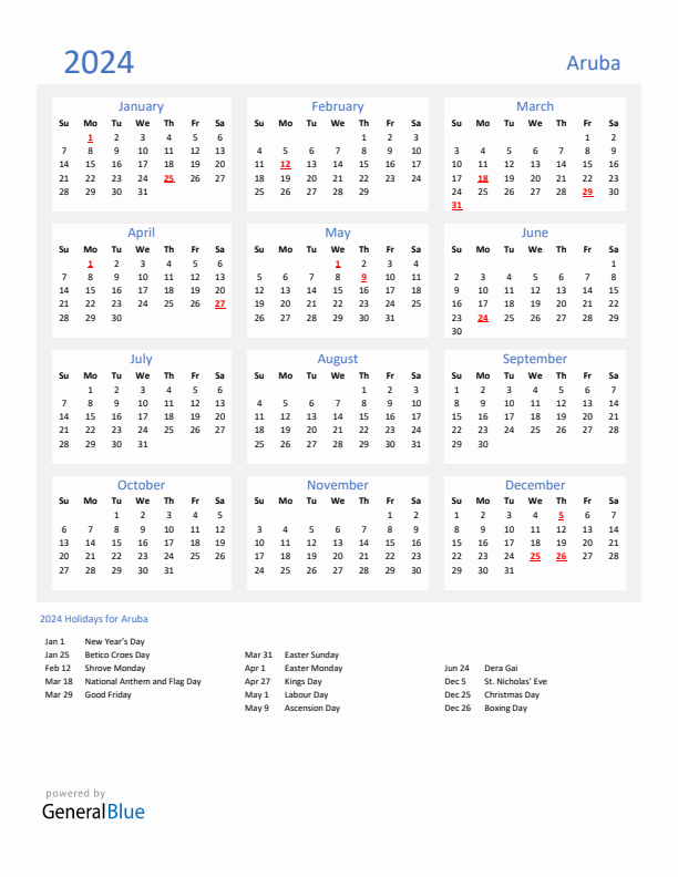 Basic Yearly Calendar with Holidays in Aruba for 2024 