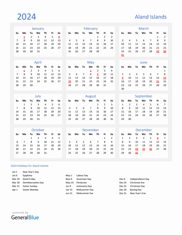 Basic Yearly Calendar with Holidays in Aland Islands for 2024 