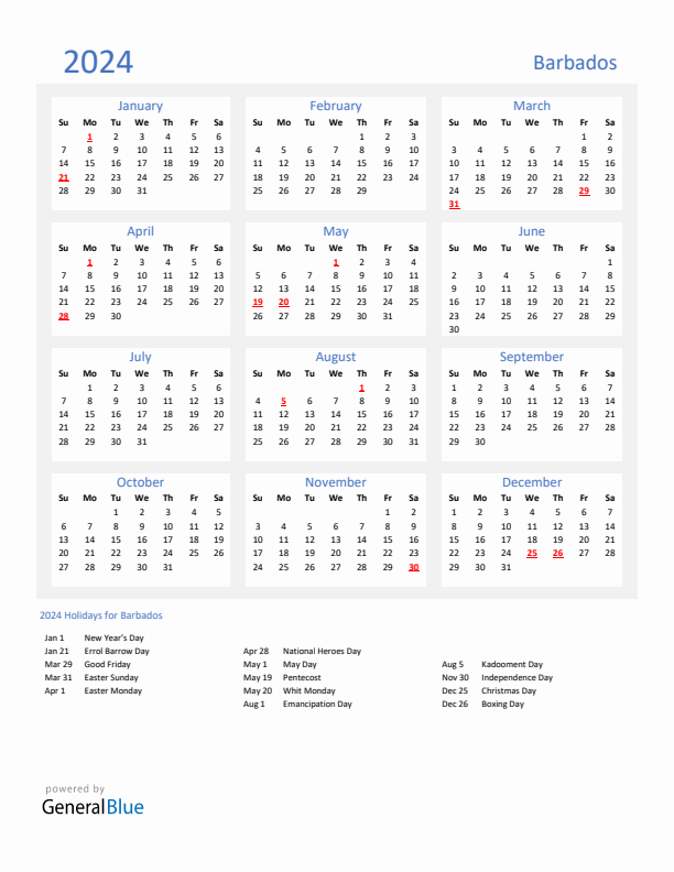 Basic Yearly Calendar with Holidays in Barbados for 2024 