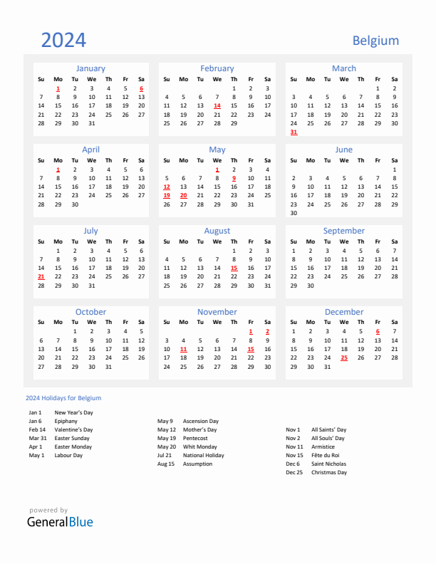 2024 Belgium Calendar with Holidays