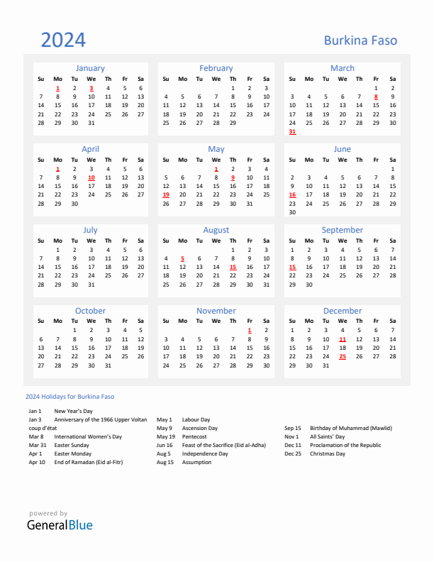 Basic Yearly Calendar with Holidays in Burkina Faso for 2024 