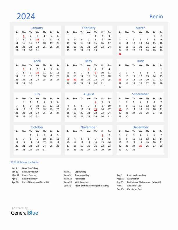 Basic Yearly Calendar with Holidays in Benin for 2024 