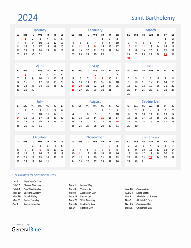 Basic Yearly Calendar with Holidays in Saint Barthelemy for 2024 