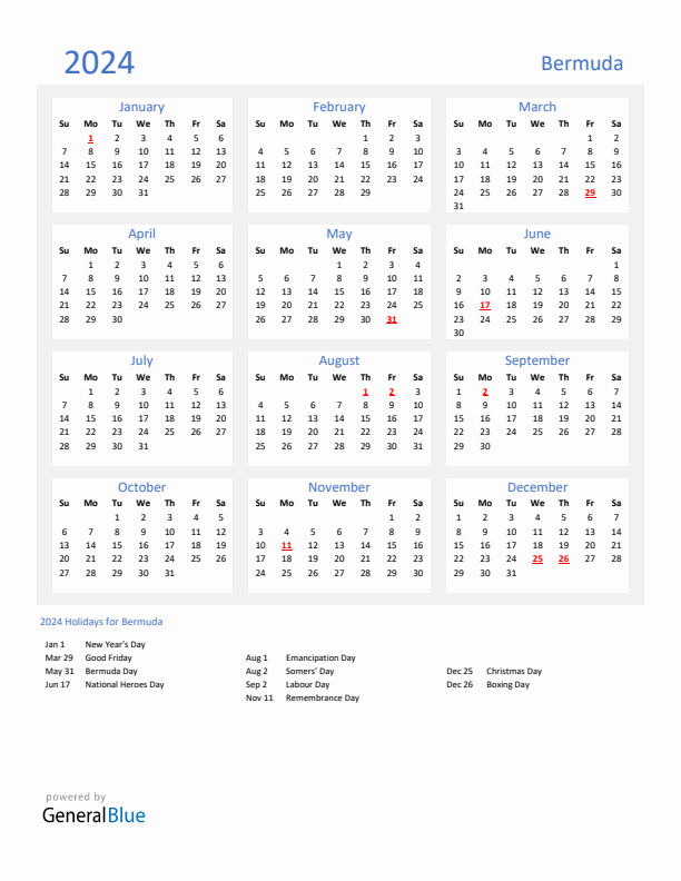 Basic Yearly Calendar with Holidays in Bermuda for 2024 