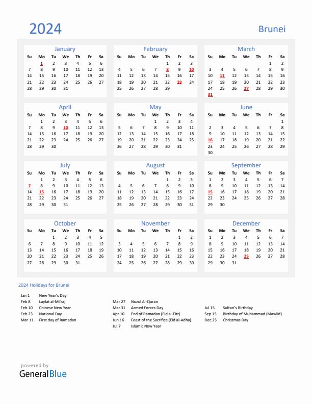 Basic Yearly Calendar with Holidays in Brunei for 2024 