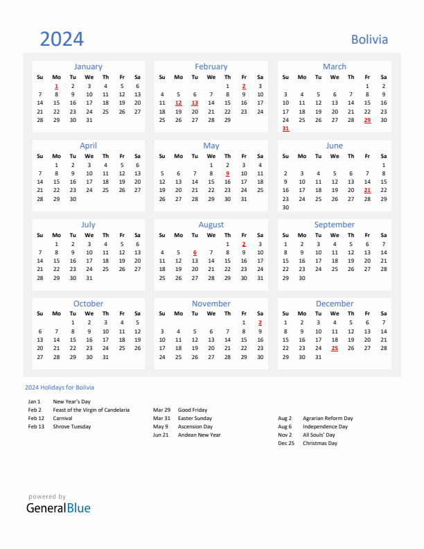 Basic Yearly Calendar with Holidays in Bolivia for 2024 