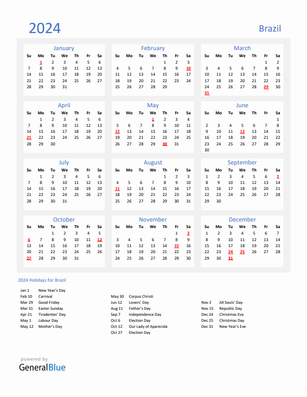 2024 Brazil Calendar with Holidays