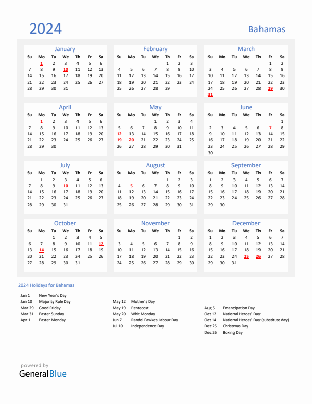 Basic Yearly Calendar with Holidays in Bahamas for 2024 
