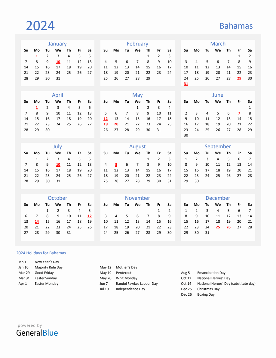 Basic Yearly Calendar With Holidays In Bahamas For 2024   2024 Calendar Basic With Holidays Portrait Sunday Start En Bs 918x1188 