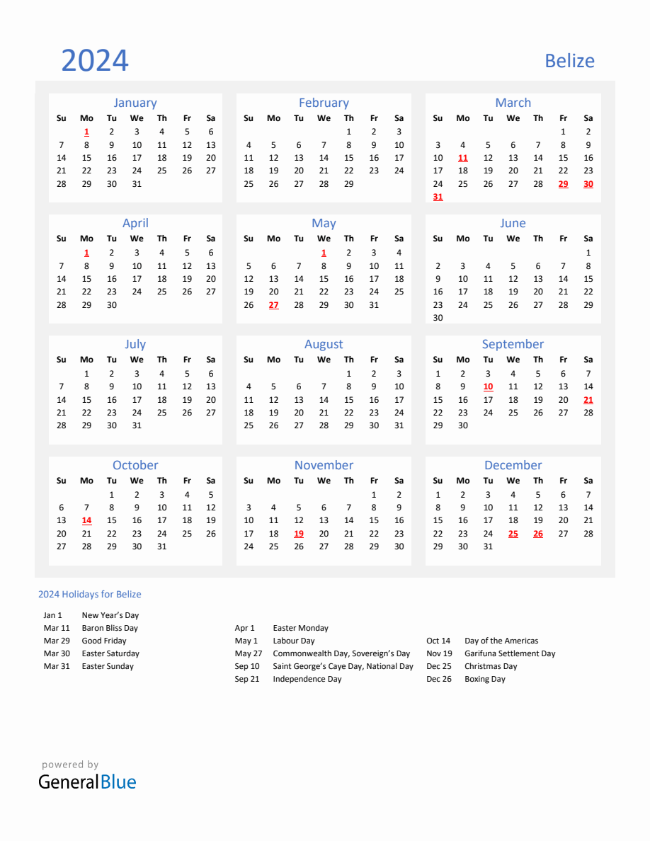 Basic Yearly Calendar with Holidays in Belize for 2024