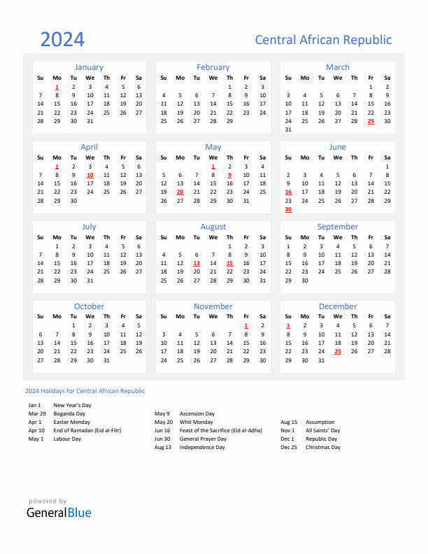 Basic Yearly Calendar with Holidays in Central African Republic for 2024 