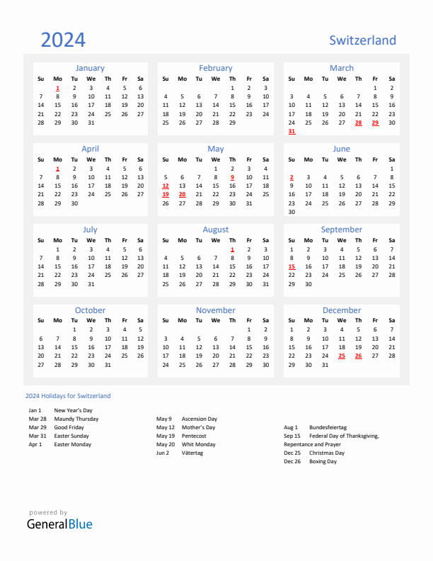 Basic Yearly Calendar with Holidays in Switzerland for 2024 