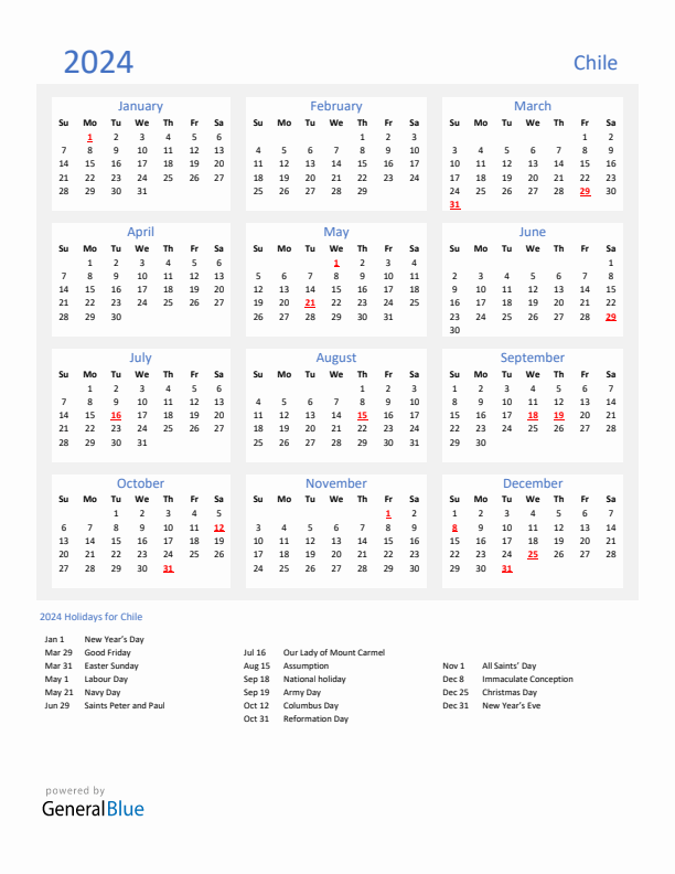 Basic Yearly Calendar with Holidays in Chile for 2024