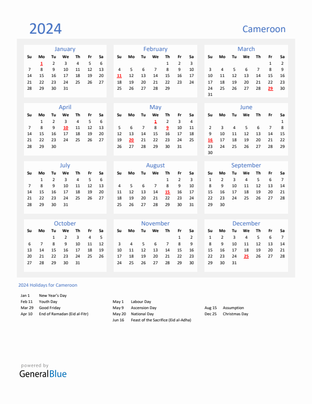 Basic Yearly Calendar with Holidays in Cameroon for 2024 